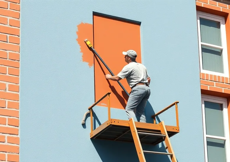 Peintre sur échafaudage traitant la façade d'une maison