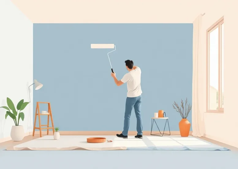 Peintre appliquant la peinture au rouleau sur un mur de salon